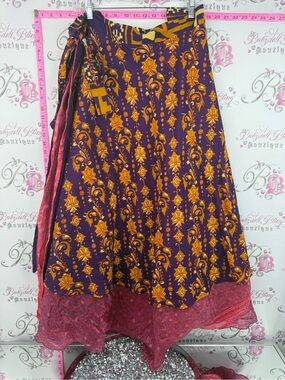 Skirt silk wrap tie up Boho Floral Wrap Midi Skirt in Purple and Gold